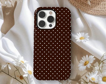 ブラウンの水玉模様のスマホケース、女の子らしいキュートなソフトデザイン、Y2Kスタイル、秋の美学、iPhone 17 16 15 14 13 Pro Max、Samsung S25 S24