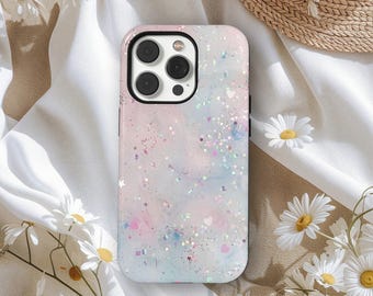 Capa de celular com glitter pastel e brilho, capa estética de galáxia dos sonhos, capa de celular fofa com aquarela estrelada, iPhone 17 16 15 14 13 12, Samsung S25