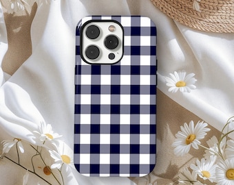 Navy Gingham Phone Case, Vintage Picnic Cottagecore Cover, Retro Checkered Pattern Case, iPhone 17 16 15 14 13 12 11 Pro Max, Samsung S25