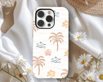 Palm Tree Summer Aesthetic Phone Case, Tropical Palm Beach Phone Case, Summer Coastal Shell Design, iPhone 17 16 15 14 13 12 11, Samsung S25