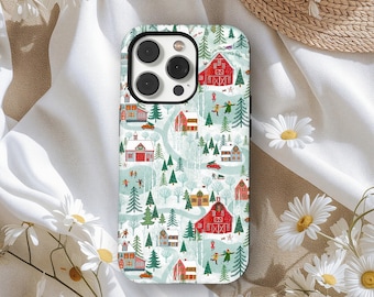 Winter Village Christmas Phone Case, Cozy Snowy Cabin Scene Cover, Red House Holiday Art Case, iPhone 17 16 15 14 13 12, Samsung S25 S24