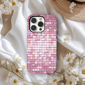 Rosa tonat glasmosaikskal för telefon, retro skyddande skal, skimrande kakeldesign, iPhone 17 16 15 14 13 12 11 Pro Max, Samsung S25