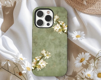 Elegante funda floral para teléfono, diseño botánico verde vintage, minimalista, con flores blancas, para iPhone 17, 16, 15, 14, 13, 12 y 11, Samsung S25 y S24.