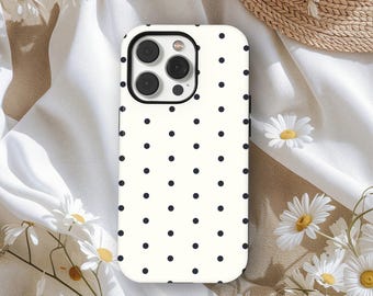 Minimalist Polka Dot Phone Case, Black and White Retro Chic Aesthetic Protective Cover, iPhone 17 16 15 14 13 12, Samsung S25 S24 S23 S22