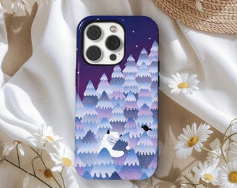 Tree Hugger (Night version), Cute Snow Monster in Fantasy Winter Forest, Purple Sky Cartoon Phone Cover, iPhone 17 16 15 14 13 12, Samsung