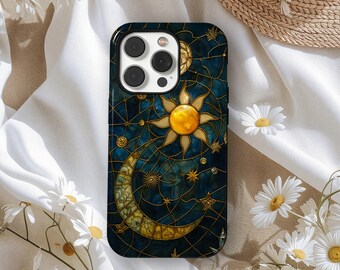 天体ステンドグラスプリント 月と星 スマホケース、フェイクステンドグラス 星空スマホカバー、iPhone 17 16 15 14 13 12、Samsung S25