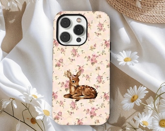 Cute Deer Phone Case, Fawn Floral Phone Case, Cottagecore Pastel Flowers Girl Deer Cover, iPhone 17 16 15 14 13 12 11 Pro Max, Samsung S25