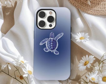 May include: A blue and white phone case featuring a detailed illustration of a sea turtle. The case has a gradient background, transitioning from light blue to a darker shade. The phone case is surrounded by white daisies.