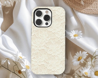 Vintage Lace Phone Case, Elegant Cream Flower Design, Vintage Floral Embroidery Cover, iPhone 17 16 15 14 13 12 11 Pro Max, Samsung S25 S24
