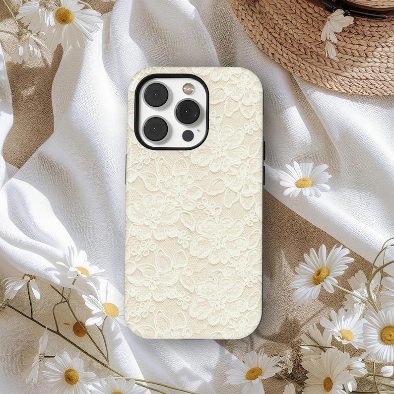 Vintage Lace Phone Case, Elegant Cream Flower Design – Gift Idea + Free Wallpaper, Cream Lace Phone Case, Vintage Floral Embroidery Aesthetic Cover, iPhone 17 16 15 14 13 12, Samsung S25