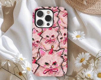 Pink Cat Phone Case, Cute Pink Cat Lover Aesthetic Cover, Cute Sassy Vintage Cartoon Pattern Cover, iPhone 17 16 15 14 13 12 11, Samsung S25