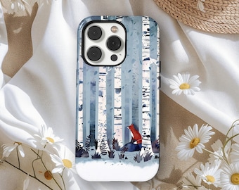 May include: A phone case featuring a watercolor forest scene with birch trees and a red fox. The case has a white base with a blue and white forest design. The fox is sitting on a rock. The case is surrounded by white daisies.