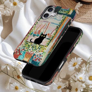 May include: A black smartphone case featuring a colorful, impressionistic painting of a cat looking out a window. The artwork includes a black cat with yellow eyes, boats, and a vibrant array of colors. The case is shown with a black smartphone.