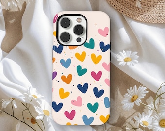 Custodia per telefono con cuori colorati, graziosa cover con motivo estetico Y2K, custodia protettiva pastello per ragazze, iPhone 17 16 15 14 13 12 11, Samsung S25