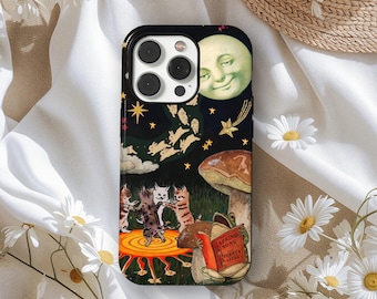 Funda estética "Yo misma valiente", funda vintage con collage de gato y luna, funda con estética de cielo nocturno caprichoso, iPhone 17, 16, 15, 14, 13, 12, Samsung S25