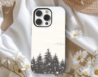 Funda minimalista para iPhone 17 con paisaje de bosque y árboles, naturaleza, árboles y aves, para iPhone 17, 16, 15, 14, 13, 12 y 11, Samsung S25 y S24