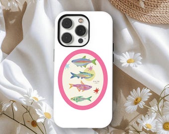 Schattige vis telefoonhoesje, retro illustratie dierenkunst hoes, grillige zachte kleuren esthetiek, iPhone 17 16 15 14 13 12 11 Pro Max, Samsung S25