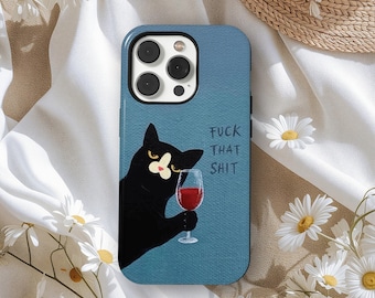Custodia per telefono con umorismo sui gatti: design divertente con gatto e vino, custodia per telefono con gatto nero, cover per gatti divertenti, iPhone 17 16 15 14 13 12 11Pro Max, Samsung S25 S24