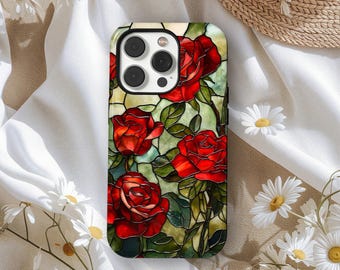 Red Rose Phone Case, Stained Glass Floral Phone Case, Romantic Vintage Art Phone Case For iPhone 17 16 15 14 13 12 11 Pro Max, Samsung S25