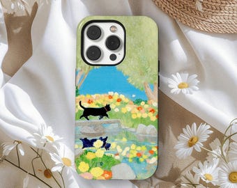 Black Cat Phone Case, Famous Artist Painting Cover, Floral Garden Painting Design, iPhone 17 Pro Max 16 15 14 13 12 11 Plus, Samsung S25