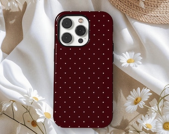 PRETTY PLEASE Burgundy Polka Dot Phone Case, Chic Fall Cover, iPhone 17 16 15 14 13 12 11 Pro Max, Samsung S25 S24 Ultra