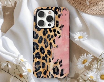 Leopard Print Phone Case, Pink Gold Animal Pattern Design, Leopard Y2K Phone Case, iPhone 17 16 15 14 13 12 11Pro Max, Samsung  S25 S24 S24
