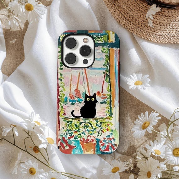 Black Cat Phone Case, Garden Window Painting Art Aesthetic, Cottagecore Cute Cat Phone Cover, iPhone 17 16 15 14 13 12 11, Samsung S25 S24