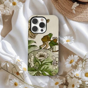 Coque de portable grenouille et crapaud, coque de portable illustration de grenouille vintage, esthétique botanique nature rétro, iPhone 17 16 15 14 13 12, Samsung S25 S24