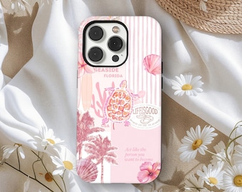 Beachy Coquette Coastal Collage Preppy Cute Case, Pink Turtle Phone Case, Seashell Palm Ocean Vibe Case, iPhone 17 16 15 14 13 12, Samsung
