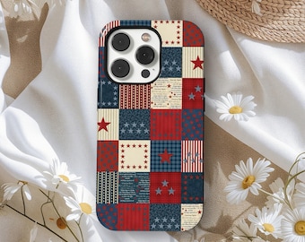 Retro patchwork-quilttelefoonhoesje: Y2K Star Collage, Americana-telefoonhoes, roodblauwe quiltblokcover, iPhone 17 16 15 14 13 12 11, Samsung