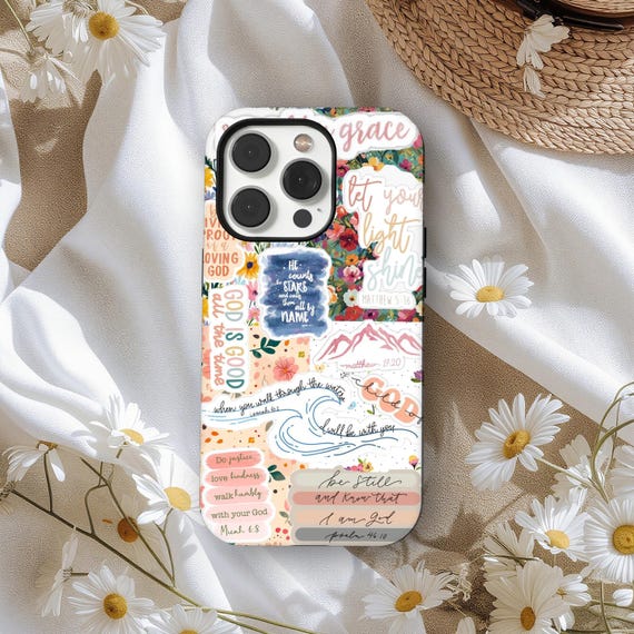 Christian Case, Cute Jesus Bible Verse Cover, Floral Faith Sticker Art Design, iPhone 17 16 15 14 13 12 11Pro Max, Samsung S25 S24 S23