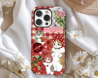 Strawberry Cat Phone Case, Sweet Retro Collage Cover, Coquette Aesthetic Kawaii Case, iPhone 17 Pro Max 16 15 14 13 12 11, Samsung S25