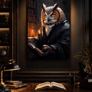 Könnte beinhalten: Ein Gemälde zeigt eine Eule im Anzug, die ein Buch liest, vor dem Hintergrund einer Bibliothek und einer brennenden Kerze. Die Eule hat orangefarbene Augen. Das Kunstwerk ist gerahmt und hängt an einer dunklen Wand.