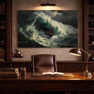 May include: A dark, wood-paneled office with a large painting of a ship at sea. The painting depicts a ship in a stormy ocean with large waves. The office has a desk, chair, bookshelves, a lamp, and a globe.