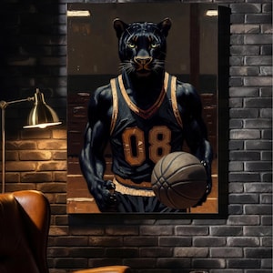 Panther Basketball Lounge Wall Art Dark Academia Oil Painting, Executive Office Decor, Old Money Sports Legend, Large Impasto Texture Art