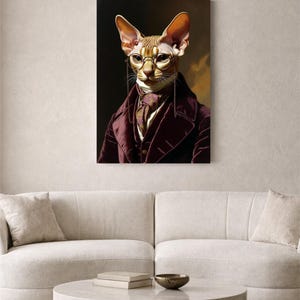 Vintage Devon Rex Cat Portrait - Royal Pet Wall Art - Dark Academia Home Decor - Gift for Devon Rex Mom - Sophisticated Animal Canvas Print