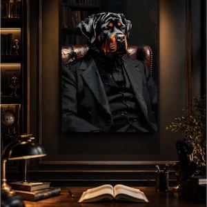 Peut inclure: Un portrait encadré d'un chien Rottweiler au pelage noir et feu, vêtu d'un costume formel sombre avec gilet, assis dans un fauteuil en cuir capitonné. La peinture est exposée sur un mur sombre au-dessus d'un bureau en bois avec un livre ouvert.