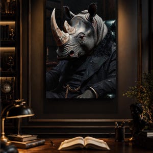 Rhino Wall Art Dark Academia Oil Painting Canvas Print, The Wall Street CEO, Executive Power Decor, Large Impasto Texture Masculine Gift Art