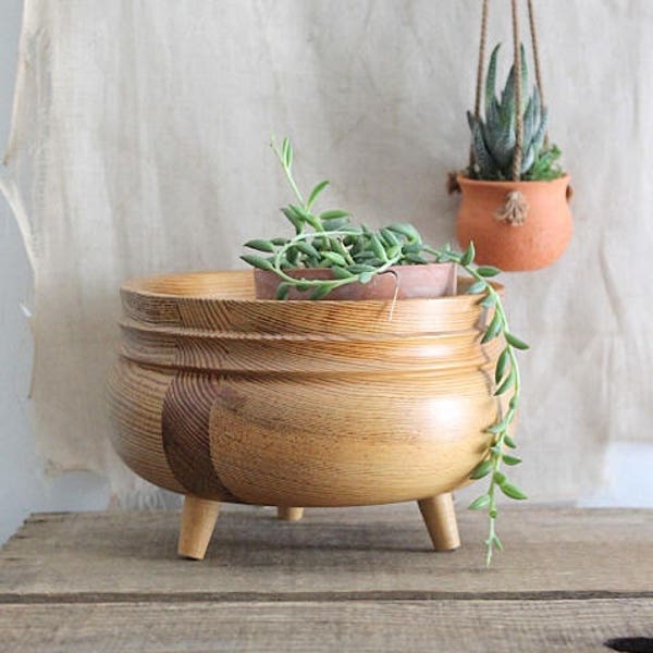 Vintage Swedish Design Wood Bowl Planter, Sandbergs Nora Stad Sweden