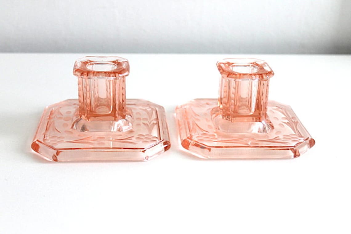 Vintage Pink Glass Candlestick Holders Taper Candle Holder Etsy