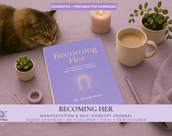 Könnte beinhalten: Ein lila Notizbuch mit dem Titel "Becoming Her" in goldener Schrift, eine Tasse Kaffee, eine brennende Kerze und eine schlafende Katze. Das Notizbuch ist ein Manifestations- und Selbstkonzept-Journal. Das Notizbuch ist im A4-Format.