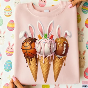 Easter Sports Ice Cream PNG, Basketball Baseball Football Bunny Ears PNG, Easter Sports Shirt, Drip Sports Easter PNG