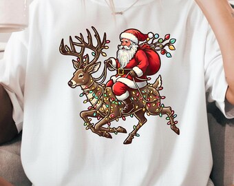 Vintage Santa Riding Reindeer with Lights PNG, Christmas Clipart (Digital Download)