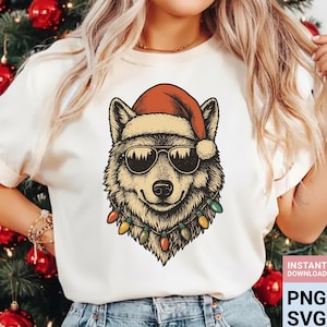 Cool Wolf Christmas SVG with Santa Hat and Sunglasses – Hipster Holiday Wolf Clipart Wearing Lights – PNG SVG Design for Cricut Projects