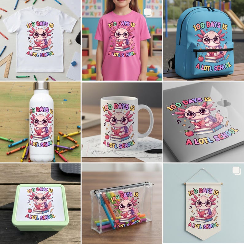 May include: Collection of school-themed items featuring an axolotl design. Includes a white t-shirt, pink t-shirt, blue backpack, water bottle, mug, laptop sticker, lunchbox, pencil case, and a banner. Each item displays the text "100 DAYS IS A LOTL SCHOOL".
