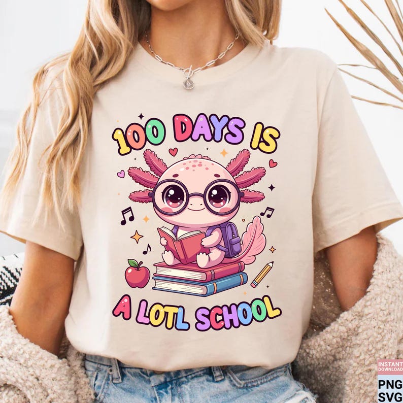 100 Days is A Lotl School PNG SVG, Cute Axolotl 100th Day Shirt, Funny ...