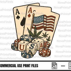 Vintage USA Poker SVG PNG Bundle with Cannabis Leaf American Flag Dice and Chips Retro Gambling Clipart for Sublimation Crafts