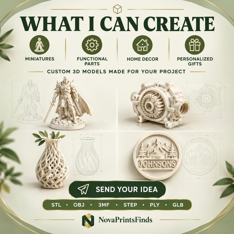 May include: A 3D printing service display featuring the text WHAT I CAN CREATE and icons for miniatures, functional parts, home decor, and personalized gifts. It shows a warrior figurine, a gear assembly, a lattice vase, and a mountain plaque.