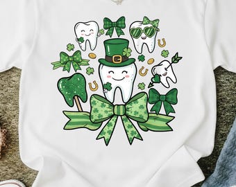 St Patricks Day Tooth PNG, Lucky Dentist Shamrock Bow, Dental Hygienist Irish Smile, Sublimation Download