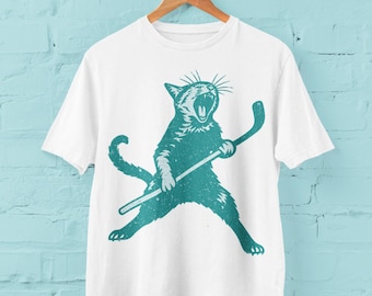 Funny Cat Hockey Design: Vintage Sports Clipart (Digital Download)